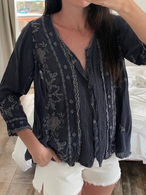 Johnny Was Charcoal Embroidered blouse